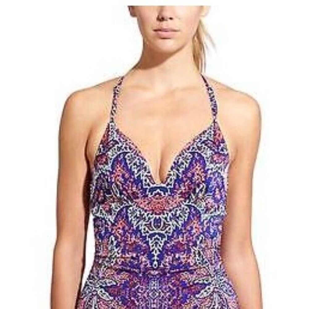 Athleta Tankini Top Halter Strappy Back Aqualuxe Purple Floral Print Womens M